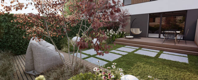 Gotowy projekt ogrodu Garden Box - 70 m2 w stylu nowoczesnym