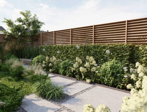 Projekt ogrodu nowoczesnego 100 m2 – 150 m2 w kształcie L