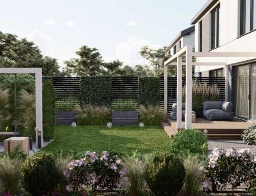 Projekt ogrodu zimozielonego 100 – 150 m2 w kształcie L